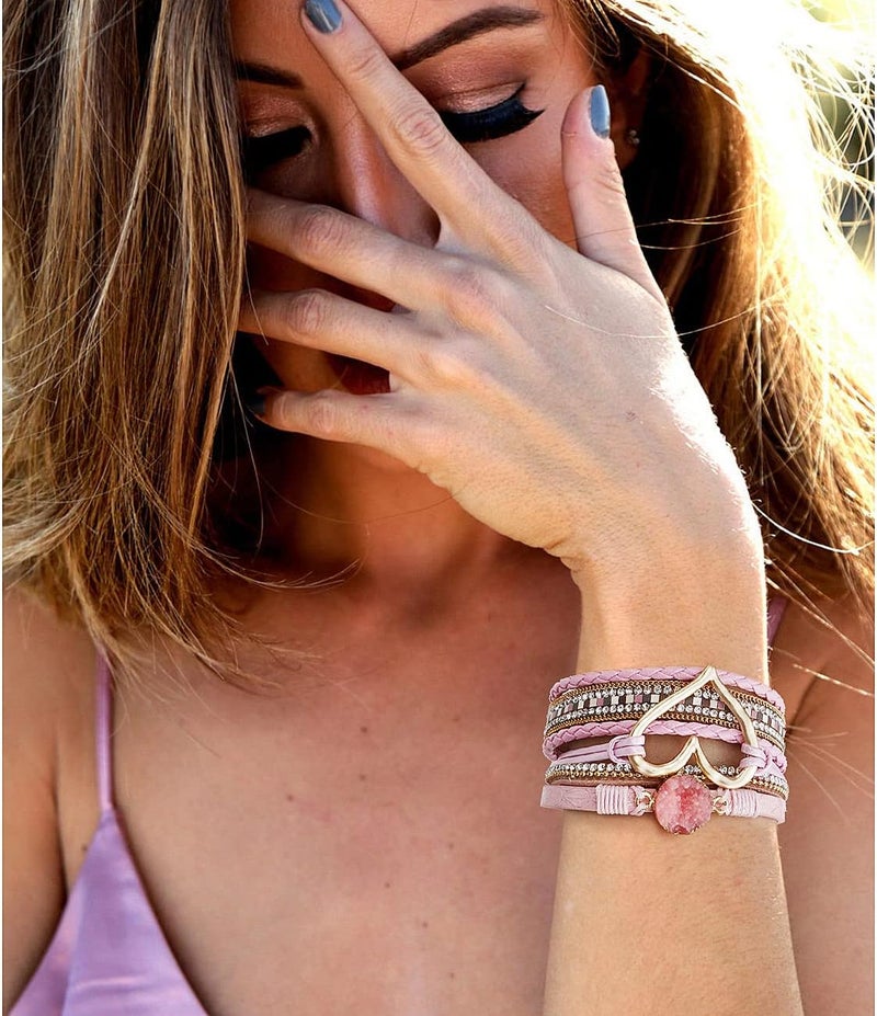 Suyi Multilayer Leather Wrap Bracelet Heart-Shape Wide Cuff Bracelets for Women - Image 2